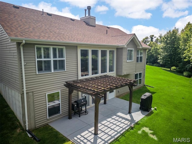 13116 Ambrose Ct, Black Jack, MO 63033 - rear view of property featuring a pergola, a lawn, a chimney, a patio, and roof with shingles