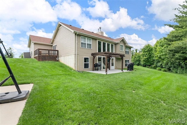 13116 Ambrose Ct, Black Jack, MO 63033 - back of property featuring a pergola, a patio, a chimney, a yard, and a deck
