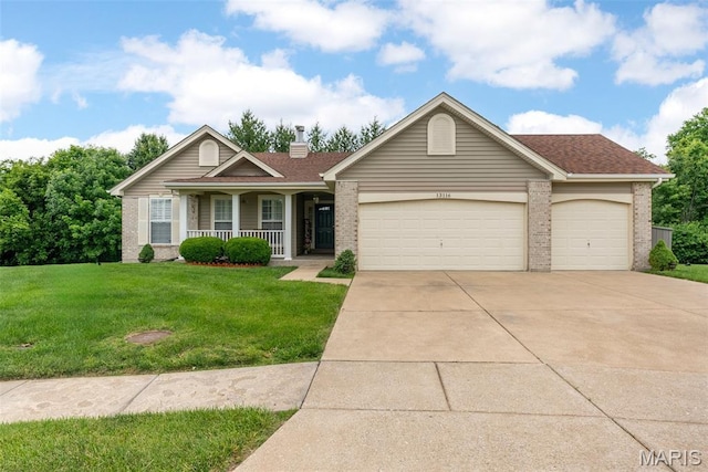 13116 Ambrose Ct, Black Jack, MO 63033 - ranch-style home with a porch, a garage, a front lawn, and brick siding