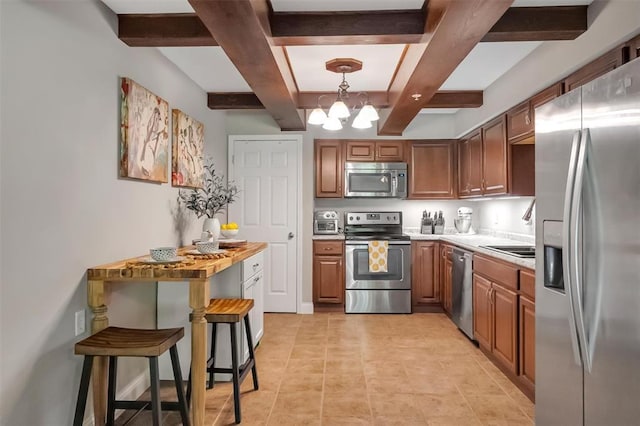 1408 Summertree Springs Ave Unit C, Valley Park, MO 63088 - kitchen featuring stainless steel appliances, a chandelier, beamed ceiling, a sink, and light countertops