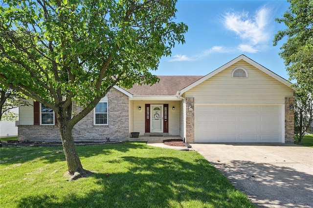 14 Heavenly Valley Dr, Dardenne Prairie, MO 63368 - ranch-style home featuring brick siding, concrete driveway, a garage, and a front lawn