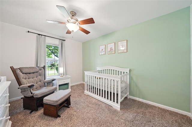 14 Heavenly Valley Dr, Dardenne Prairie, MO 63368 - bedroom featuring carpet floors, baseboards, ceiling fan, and a nursery area