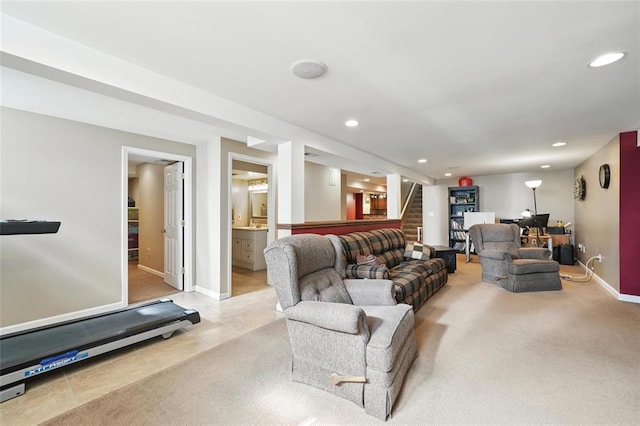 14 Heavenly Valley Dr, Dardenne Prairie, MO 63368 - living area with stairway, baseboards, recessed lighting, bar area, and tile patterned flooring