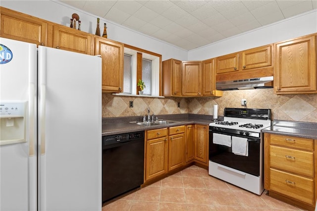 6266 Marmaduke Ave, Saint Louis, MO 63139 - kitchen featuring dishwasher, white refrigerator with ice dispenser, gas stove, under cabinet range hood, and a sink