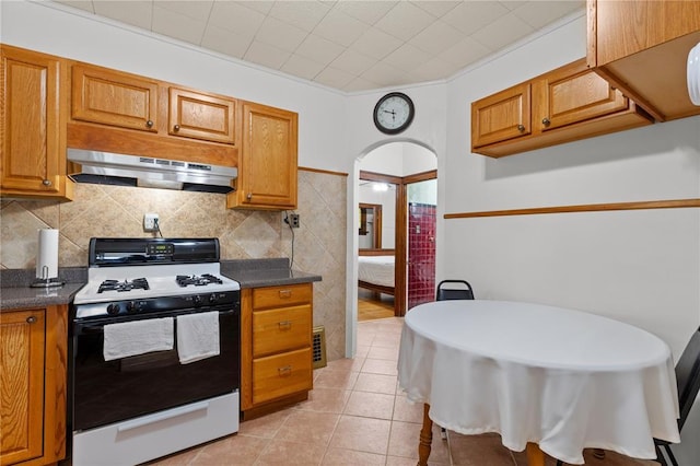 6266 Marmaduke Ave, Saint Louis, MO 63139 - kitchen with gas stove, under cabinet range hood, dark countertops, arched walkways, and brown cabinetry