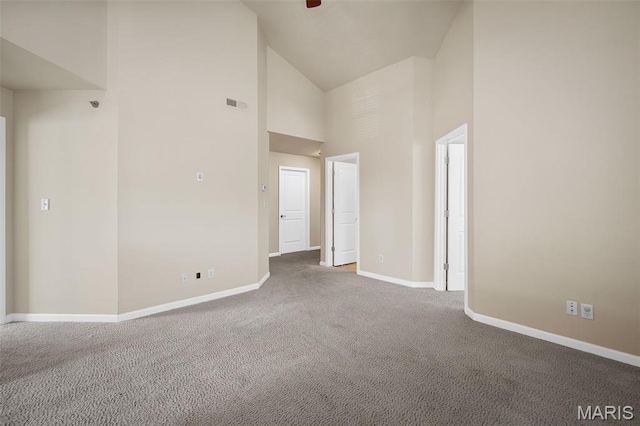 533 Bramblett Hls, Ofallon, MO 63366 - unfurnished room featuring high vaulted ceiling, carpet flooring, baseboards, and ceiling fan