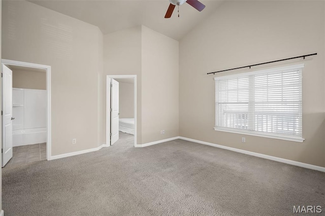 533 Bramblett Hls, Ofallon, MO 63366 - unfurnished bedroom featuring high vaulted ceiling, carpet floors, ensuite bath, baseboards, and a ceiling fan