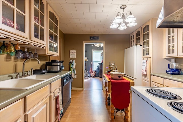 506 N Garfield, East Prairie, MO 63845 - kitchen featuring a sink, wall chimney exhaust hood, white appliances, light wood finished floors, and glass insert cabinets