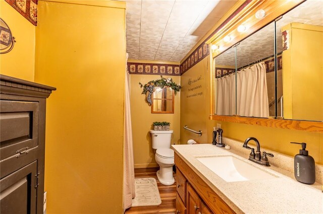 506 N Garfield, East Prairie, MO 63845 - full bathroom with toilet, vanity, wood finished floors, and a shower with shower curtain