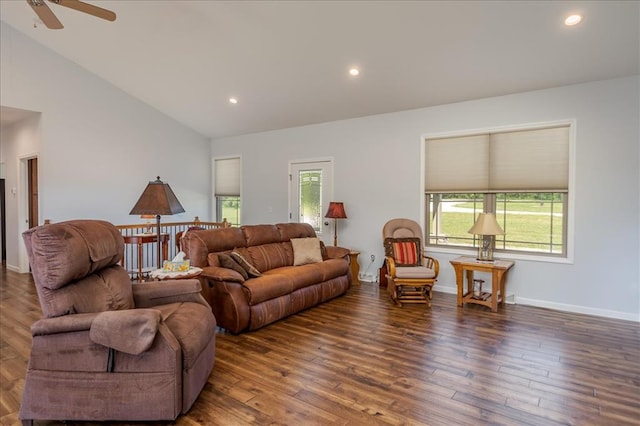 living room with ceiling fan, wood-type flooring, recessed lighting, baseboards, and high vaulted ceiling