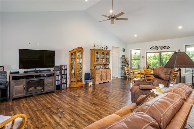 living room with high vaulted ceiling, dark wood-style flooring, a ceiling fan, and recessed lighting