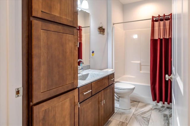 full bathroom with shower / tub combo, vanity, and toilet