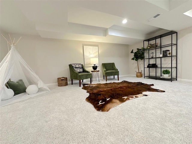 sitting room featuring carpet flooring, baseboards, and recessed lighting