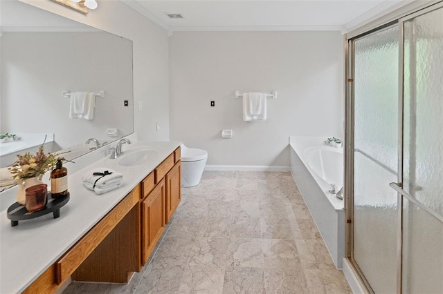 bathroom featuring a garden tub, vanity, crown molding, a shower stall, and toilet