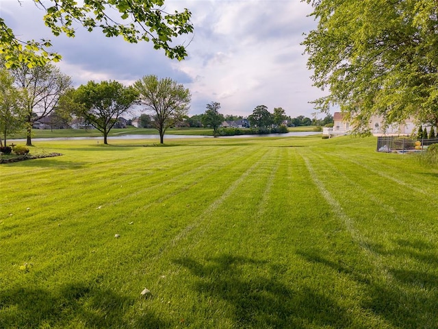 view of green lawn with a water view