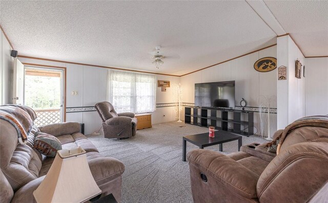 442 County Road 6250, Salem, MO 65560 - carpeted living room with ornamental molding, vaulted ceiling, a textured ceiling, a decorative wall, and a ceiling fan