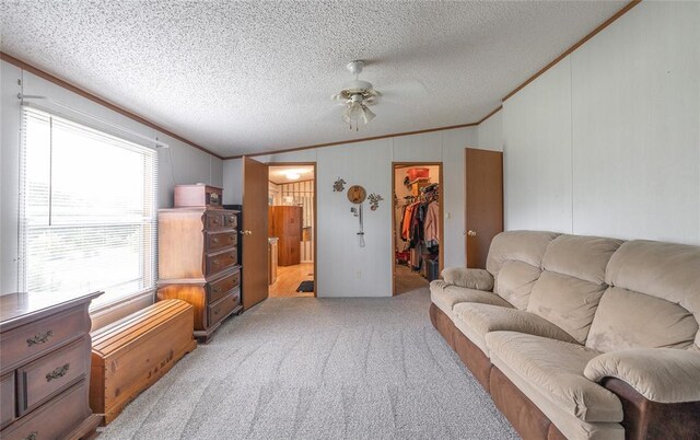 442 County Road 6250, Salem, MO 65560 - living room with ornamental molding, carpet floors, lofted ceiling, ceiling fan, and a textured ceiling