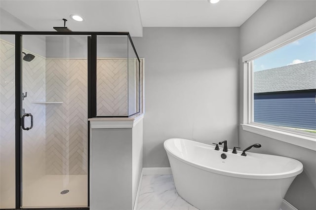 535 Crail Ct, Ofallon, MO 63368 - full bathroom featuring a shower stall, marble finish floors, a soaking tub, recessed lighting, and baseboards