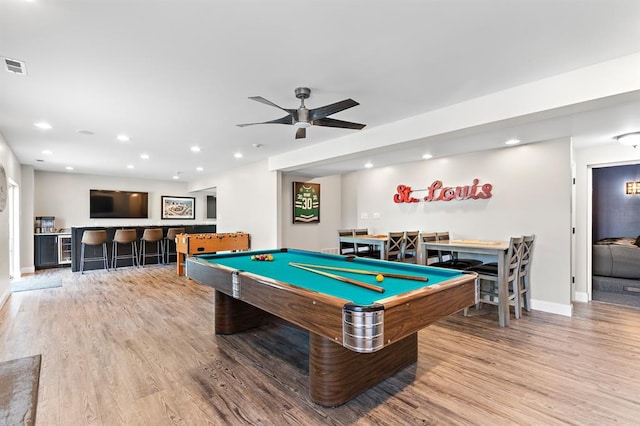 game room with wood finished floors, recessed lighting, baseboards, pool table, and a ceiling fan