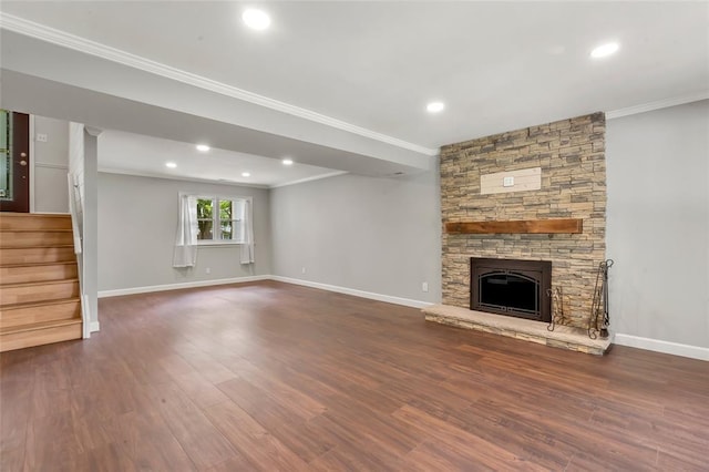 1137 Great Falls Ct, Manchester, MO 63021 - unfurnished living room with crown molding, wood finished floors, stairway, a fireplace, and baseboards