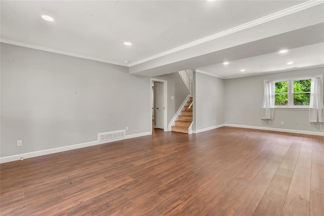 1137 Great Falls Ct, Manchester, MO 63021 - spare room with stairs, wood finished floors, baseboards, crown molding, and recessed lighting