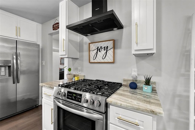 1719 Oak Hills St, Cape Girardeau, MO 63701 - kitchen featuring stainless steel appliances, wall chimney range hood, dark wood-style flooring, white cabinetry, and light stone countertops