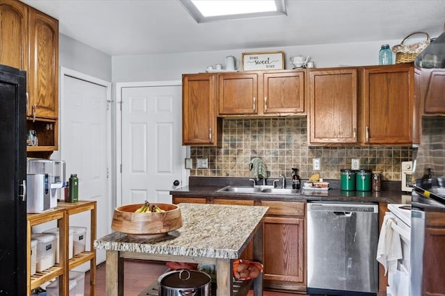 15 W 13th St, Washington, MO 63090 - kitchen featuring dishwasher, a sink, tasteful backsplash, and brown cabinets