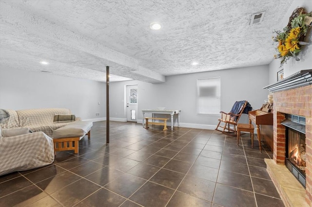 15 W 13th St, Washington, MO 63090 - living room with a fireplace, tile patterned floors, baseboards, and recessed lighting