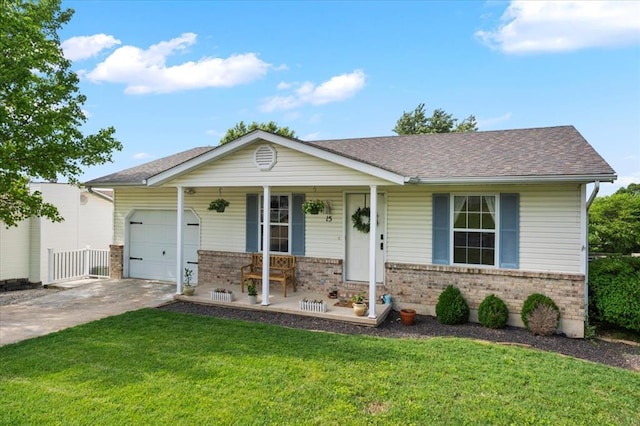 15 W 13th St, Washington, MO 63090 - ranch-style house with covered porch, concrete driveway, brick siding, a garage, and a front lawn