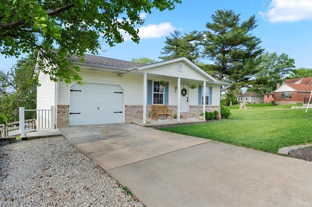 15 W 13th St, Washington, MO 63090 - ranch-style house featuring covered porch, an attached garage, a front yard, driveway, and brick siding