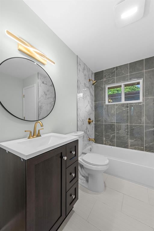 full bathroom with vanity, washtub / shower combination, toilet, and tile patterned flooring