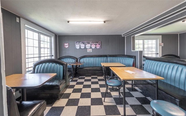 108 College Ave, Licking, MO 65542 - dining room with dark floors, a textured ceiling, and wood walls