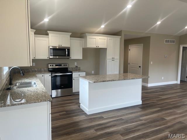 289 Broch Tuarach Pl, Jackson, MO 63755 - kitchen featuring stainless steel appliances, a sink, white cabinets, a kitchen island, and light stone countertops