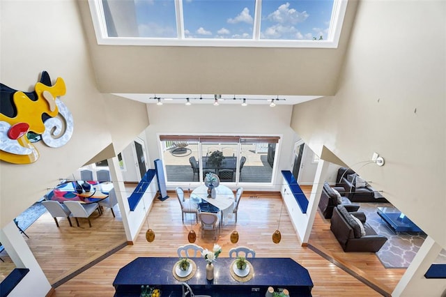 169 Fick Farm Rd, Chesterfield, MO 63005 - living room with track lighting, wood finished floors, and a towering ceiling