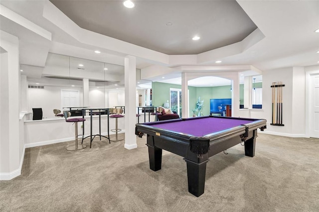 169 Fick Farm Rd, Chesterfield, MO 63005 - recreation room with carpet, a tray ceiling, pool table, baseboards, and recessed lighting