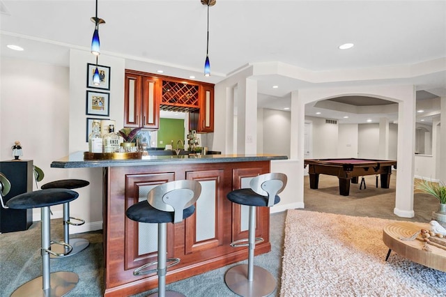 169 Fick Farm Rd, Chesterfield, MO 63005 - indoor wet bar featuring carpet, billiards table, pendant lighting, arched walkways, and baseboards