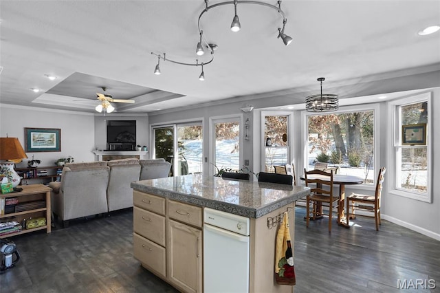 12036 Orchard View Dr, Creve Coeur Township, MO 63146 - kitchen featuring tile countertops, plenty of natural light, a raised ceiling, crown molding, and dark wood-style flooring
