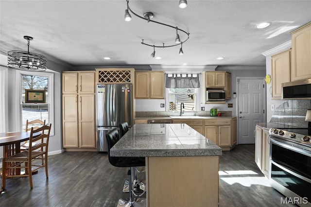 12036 Orchard View Dr, Creve Coeur Township, MO 63146 - kitchen featuring stainless steel appliances, tile countertops, crown molding, light brown cabinets, and dark wood-style floors