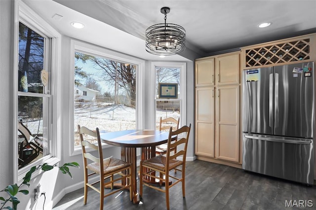 12036 Orchard View Dr, Creve Coeur Township, MO 63146 - dining area featuring a chandelier, dark wood finished floors, and recessed lighting