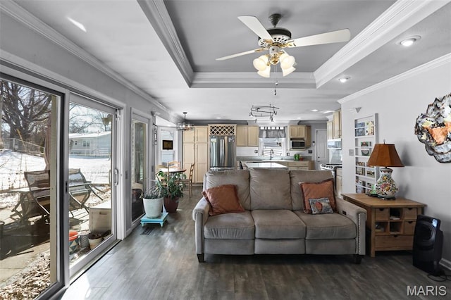 12036 Orchard View Dr, Creve Coeur Township, MO 63146 - living area with a ceiling fan, a tray ceiling, dark wood-type flooring, ornamental molding, and recessed lighting