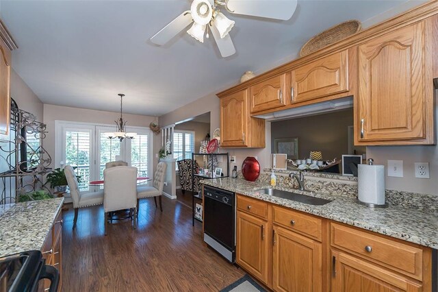55 Rue De Paix Dr, Lake St Louis, MO 63367 - kitchen with black dishwasher, a sink, dark wood finished floors, ceiling fan, and light stone countertops