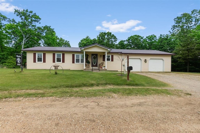24864 Bcr 326, Marble Hill, MO 63764 - ranch-style home featuring dirt driveway, a front yard, a garage, and metal roof