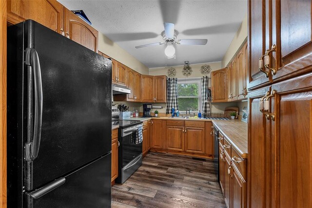 24864 Bcr 326, Marble Hill, MO 63764 - kitchen with freestanding refrigerator, range with electric stovetop, under cabinet range hood, a sink, and dark wood-style floors