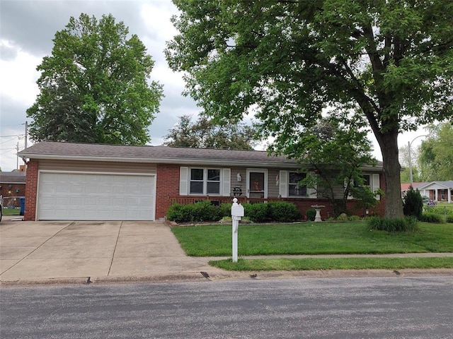 ranch-style house with concrete driveway, brick siding, an attached garage, and a front lawn