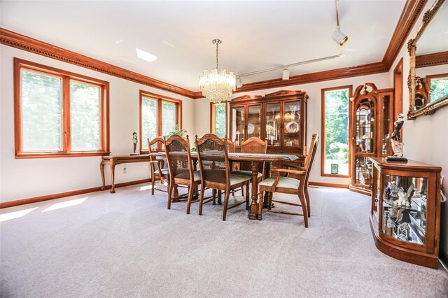 dining space featuring a chandelier, carpet, ornamental molding, rail lighting, and baseboards