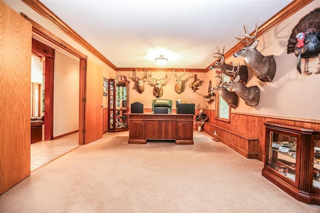 office featuring light carpet, wainscoting, ornamental molding, and wood walls