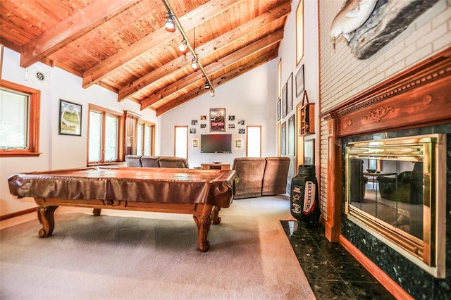 game room with wood ceiling, carpet flooring, pool table, beam ceiling, and high vaulted ceiling