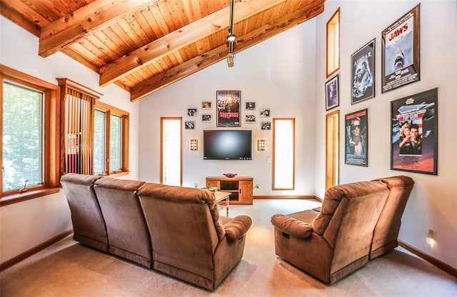 carpeted living room featuring baseboards, wood ceiling, beam ceiling, and high vaulted ceiling