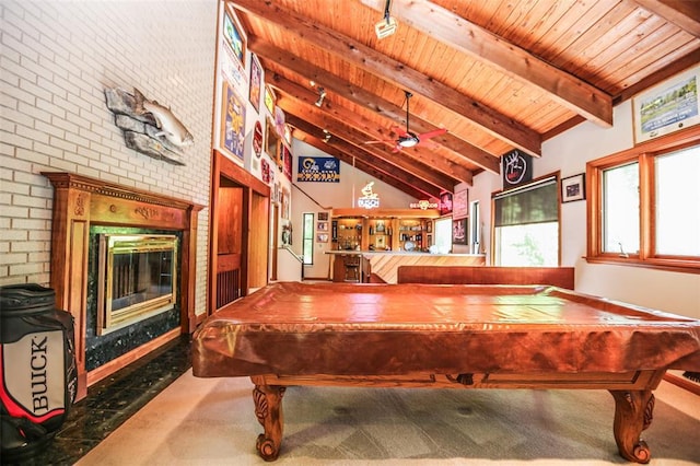 recreation room with pool table, wooden ceiling, brick wall, carpet, and beamed ceiling