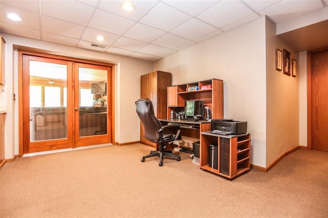 office space featuring light colored carpet, baseboards, french doors, and recessed lighting